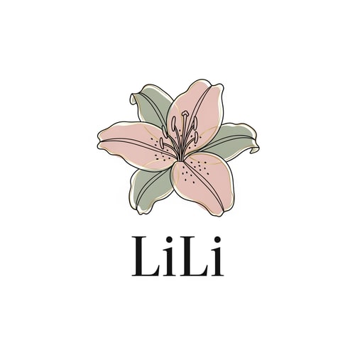 AI Design for Luxury fashion logo for a clothing brand named "LiLi", elegant line-art lily flower, soft dusty pink and sage green color palette, minimalist design, thin gold accents, sophisticated serif typography, high-end boutique aesthetic, clean white background, modern luxury branding