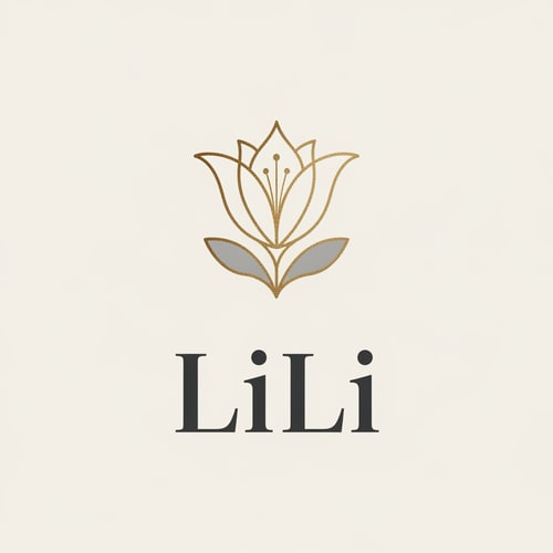 AI Design for High-end fashion house logo for "LiLi", abstract floral symbol inspired by lily flower, premium serif typography with wide letter spacing, neutral tones with gold foil effect, elegant and timeless luxury brand identity, minimal background