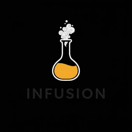 AI Design for replace the glass alembic look with something slightly more abstract, remove the ying yang look of the liquid and replace it with a golden color, put the background in black and the outlines in white