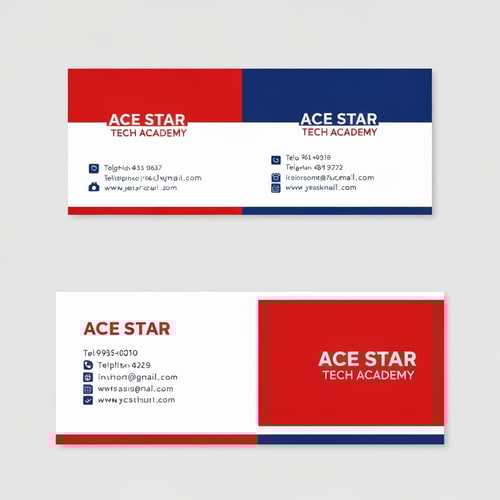 AI Design for a business name card for ace star tech academy. front and back view. the main color is red and blue. there's name, position, telephone number, email, website
