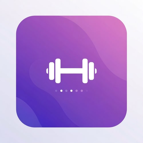 AI Design for Minimalistic gym logo design with a white dumbbell icon centered on a smooth gradient background (shades of purple and violet). The logo should have clean, rounded edges and a modern, app-style appearance. Include a subtle loading animation (small circular dots) below the dumbbell to suggest an app loading screen. The style should be sleek, futuristic, and professional, suitable for a fitness mobile app splash screen.