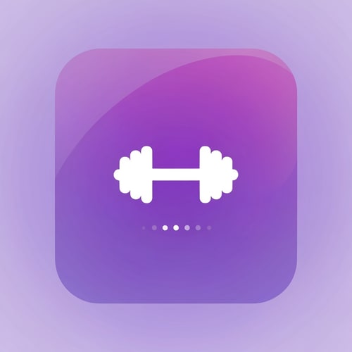 AI Design for Minimalistic gym logo design with a white dumbbell icon centered on a smooth gradient background (shades of purple and violet). The logo should have clean, rounded edges and a modern, app-style appearance. Include a subtle loading animation (small circular dots) below the dumbbell to suggest an app loading screen. The style should be sleek, futuristic, and professional, suitable for a fitness mobile app splash screen.