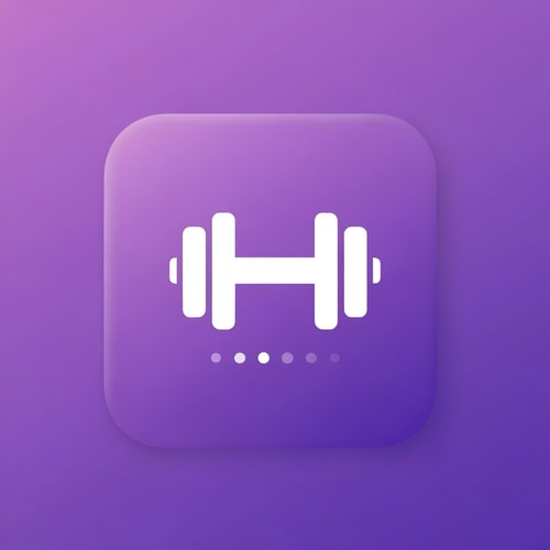 AI Design for Minimalistic gym logo design with a white dumbbell icon centered on a smooth gradient background (shades of purple and violet). The logo should have clean, rounded edges and a modern, app-style appearance. Include a subtle loading animation (small circular dots) below the dumbbell to suggest an app loading screen. The style should be sleek, futuristic, and professional, suitable for a fitness mobile app splash screen.