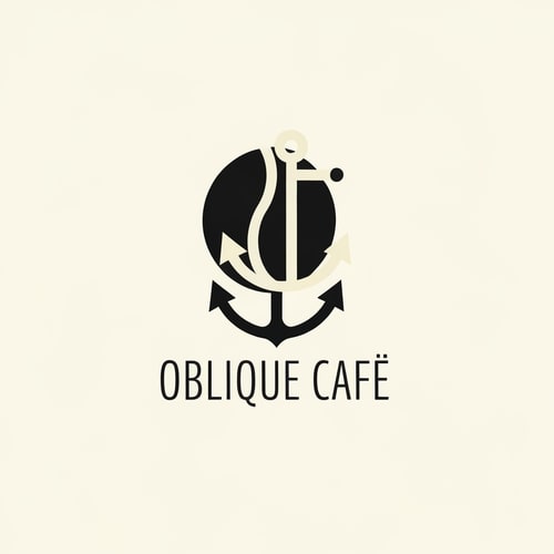 AI Design for Create a logo for Oblique Café, a modern coffee brand from Odesa inspired by brutalist design and architectural minimalism. The logo should combine abstract elements of a coffee bean and an anchor — symbolizing both the brand’s connection to coffee and the seaside spirit of Odesa. The composition should feel bold, geometric, and intelligent, with clean lines, balanced negative space, and a strong typographic layout. Use graphite black and soft cream colors. Include the name Oblique Café in a minimalist sans-serif typeface. The mood should reflect confidence, structure, and quiet sophistication — similar to Aesop, Acne Studios, and Blue Bottle Coffee aesthetics.