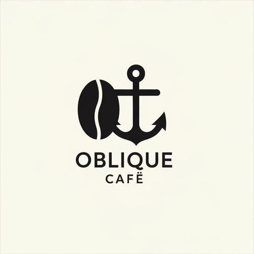 AI Design for Create a logo for Oblique Café, a modern coffee brand from Odesa inspired by brutalist design and architectural minimalism. The logo should combine abstract elements of a coffee bean and an anchor — symbolizing both the brand’s connection to coffee and the seaside spirit of Odesa. The composition should feel bold, geometric, and intelligent, with clean lines, balanced negative space, and a strong typographic layout. Use graphite black and soft cream colors. Include the name Oblique Café in a minimalist sans-serif typeface. The mood should reflect confidence, structure, and quiet sophistication — similar to Aesop, Acne Studios, and Blue Bottle Coffee aesthetics.