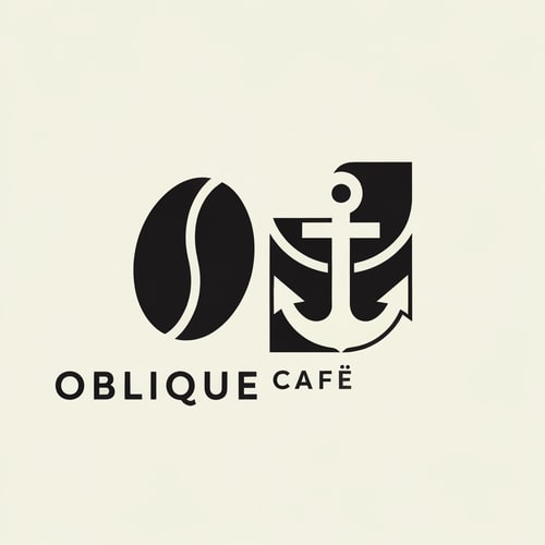 AI Design for Create a logo for Oblique Café, a modern coffee brand from Odesa inspired by brutalist design and architectural minimalism. The logo should combine abstract elements of a coffee bean and an anchor — symbolizing both the brand’s connection to coffee and the seaside spirit of Odesa. The composition should feel bold, geometric, and intelligent, with clean lines, balanced negative space, and a strong typographic layout. Use graphite black and soft cream colors. Include the name Oblique Café in a minimalist sans-serif typeface. The mood should reflect confidence, structure, and quiet sophistication — similar to Aesop, Acne Studios, and Blue Bottle Coffee aesthetics.