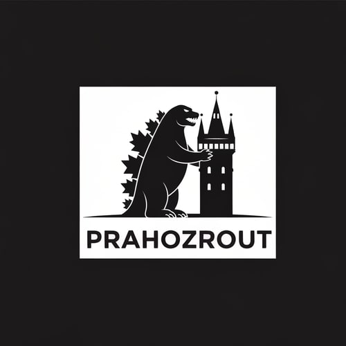AI Design for simply black logo very minimalistic inspired by godzilla holding prague tower with text PRAHOZROUT
