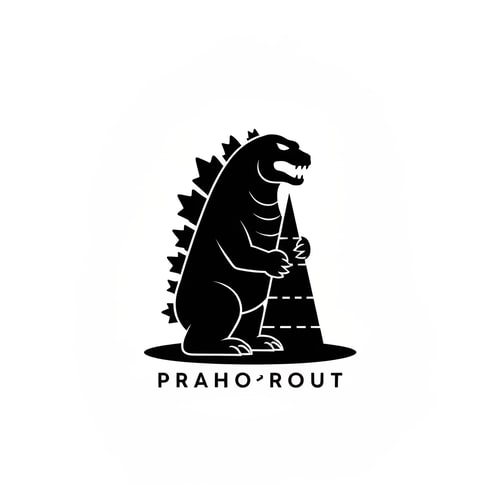 AI Design for logo black minimalistic inspired by godzilla holding prague tower with text PRAHOŽROUT