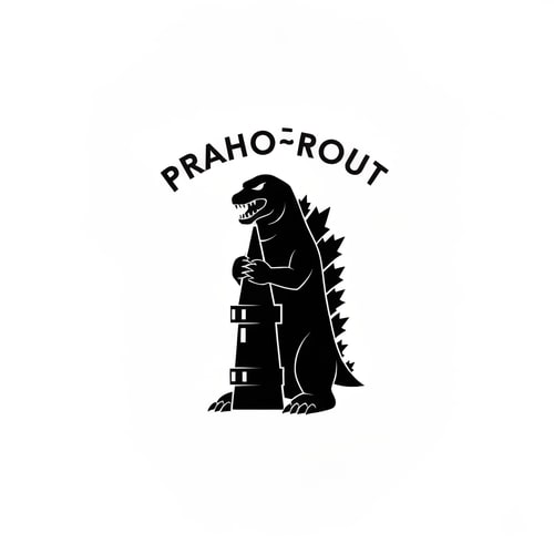 AI Design for logo black minimalistic inspired by godzilla holding prague tower with text PRAHOŽROUT