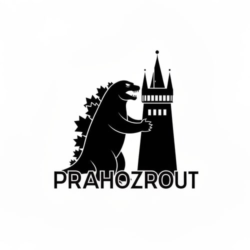 AI Design for simply black logo very minimalistic inspired by godzilla holding prague tower with text PRAHOZROUT