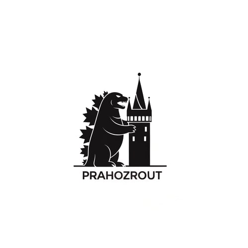 AI Design for simply black logo very minimalistic inspired by godzilla holding prague tower with text PRAHOZROUT
