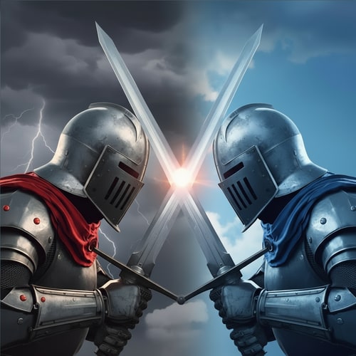 AI Design for Make sure that the entire animation is with the animaiotn style of Clash Royale. Put the knight's farther apart, making their swords more horizontal and lesss vertical. Finally, zoom out a little to expand the image so that you can see up to teh knight's waist