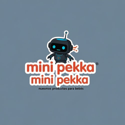 AI Design for Tenemos una empresa de productos para bebes que se llama mini pekka. crea un logo alegre y amigable. Nuestra mascota se llama mini pekka tambien y es un robot de color negro muy chiquitito, regordete y rapido. Tiene un aspecto coqueto y amigable para los niños