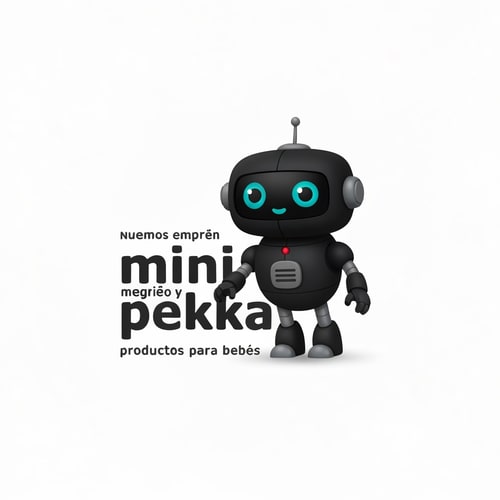 AI Design for Tenemos una empresa de productos para bebes que se llama mini pekka. crea un logo alegre y amigable. Nuestra mascota se llama mini pekka tambien y es un robot de color negro muy chiquitito, regordete y rapido. Tiene un aspecto coqueto y amigable para los niños