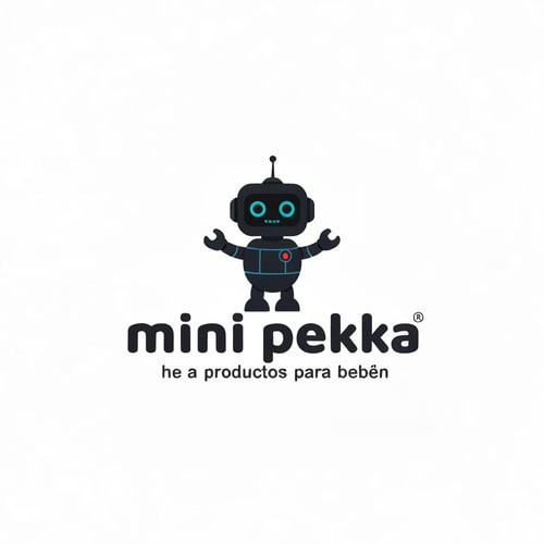 AI Design for Tenemos una empresa de productos para bebes que se llama mini pekka. crea un logo alegre y amigable. Nuestra mascota se llama mini pekka tambien y es un robot de color negro muy chiquitito, regordete y rapido. Tiene un aspecto coqueto y amigable para los niños