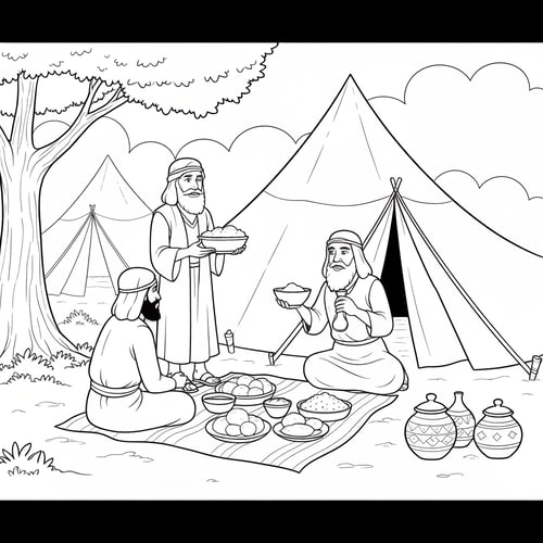 AI Design for coloring page of Abraham serving food to three visitors in front of a tent and under a tree with food on a blanket, two beduin tents at the background