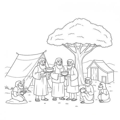 AI Design for coloring page of Abraham serving food to three visitors in front of a tent and under a tree