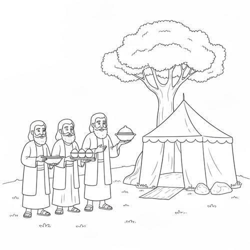 AI Design for coloring page of Abraham serving food to three visitors in front of a tent and under a tree