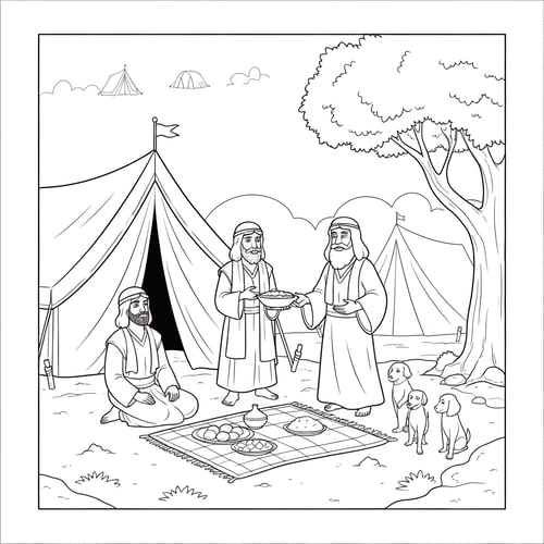 AI Design for coloring page of Abraham serving food to three visitors in front of a tent and under a tree with food on a blanket, two beduin tents at the background