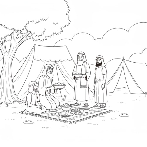 AI Design for coloring page of Abraham serving food to three visitors in front of a tent and under a tree with food on a blanket, two beduin tents at the background