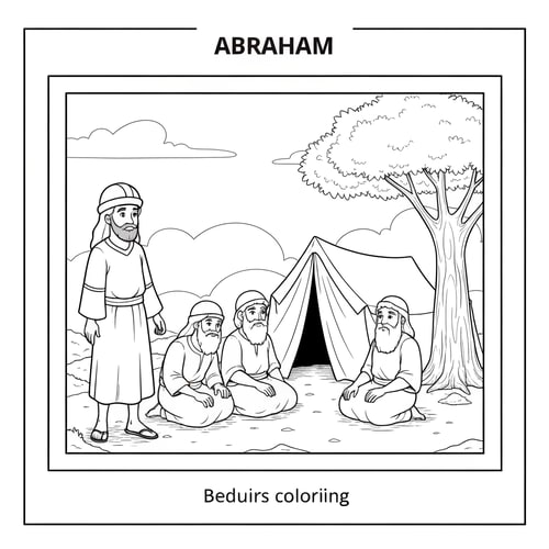 AI Design for make coloring page, abraham standing, three visitirs sitting outside of a beduin tent under a tree
