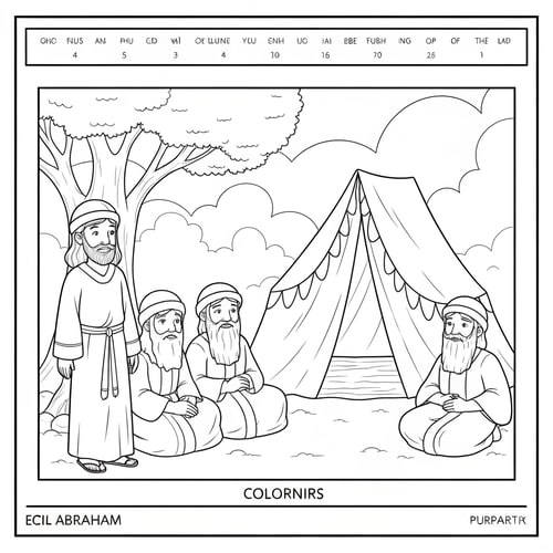 AI Design for make coloring page, abraham standing, three visitirs sitting outside of a beduin tent under a tree