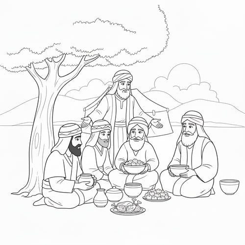 AI Design for make Abraham standing, add lamb chops to the food,