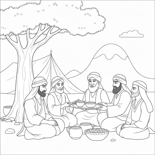 AI Design for coloring page of Abraham serving food to three visitors sitting under a tree with Bedouin tent at the background