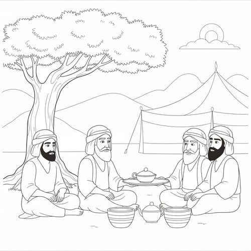 AI Design for coloring page of Abraham serving food to three visitors sitting under a tree with Bedouin tent at the background