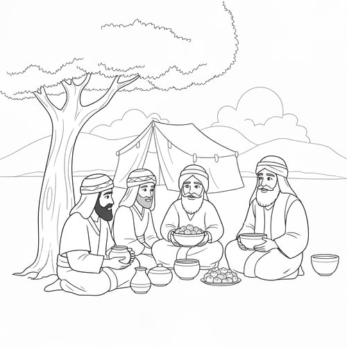 AI Design for coloring page of Abraham serving food to three visitors sitting under a tree with Bedouin tent at the background