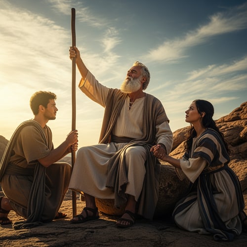 AI Design for picture of Moses sitting on a rock, lifting his hands up and holding a staff high in the air, two people one on the left and one at his right side, holding his hands