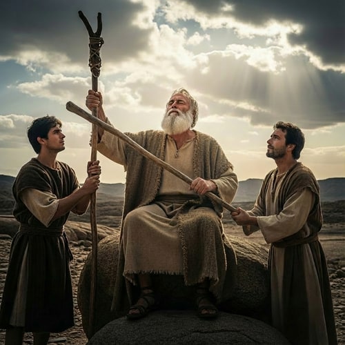 AI Design for make Moses holding the staff with two hands, the rod in the middle