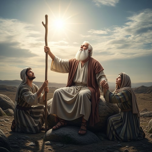 AI Design for picture of Moses sitting on a rock, lifting his hands up and holding a staff high in the air, two people one on the left and one at his right side, holding his hands