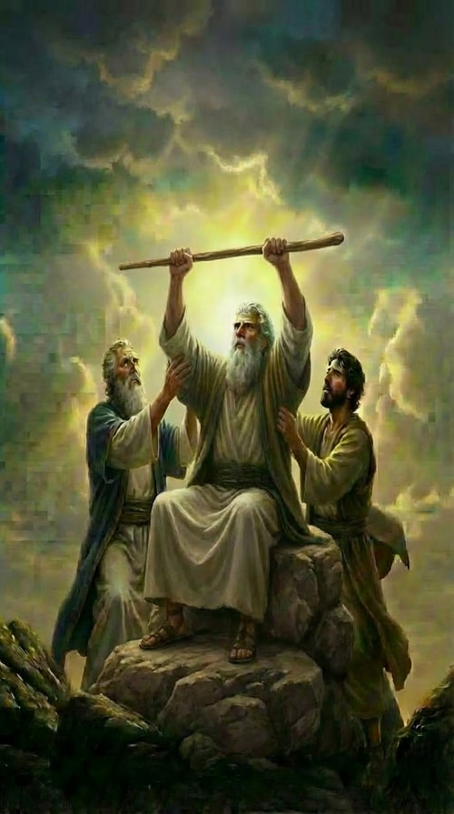 AI Design for keep everything excactly the same, just make moses sitting on a stone. make the stick shorter. and make moses holding it higher and from the bottom part of it.