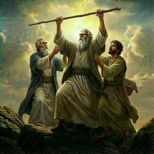 AI Design for make the man on the  right side holding the elbow of Moses