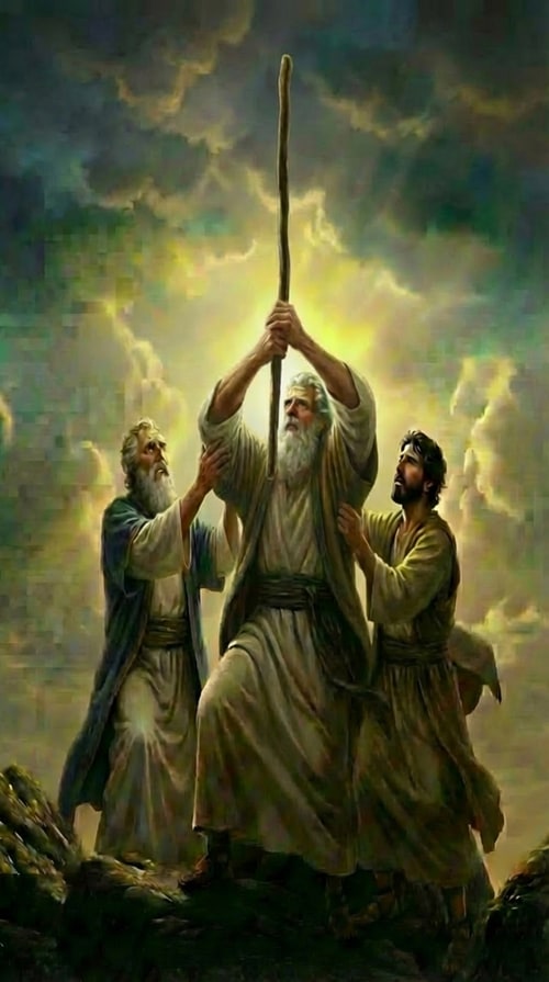 AI Design for Keep the entire scene the same, but adjust the pose so that the man on the left is holding Moses by the elbow to support his arm