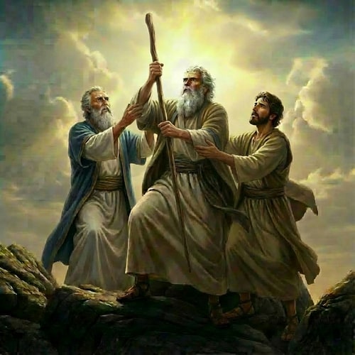 AI Design for make the man on the right hold Moses' hand as supporting it from below