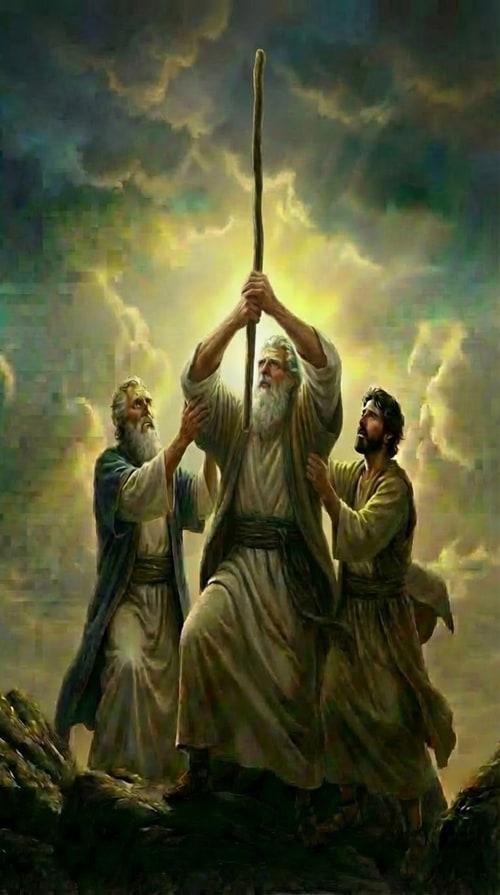 AI Design for make the right person, hold Moses hand from the elbows. keep everything else exactly the same