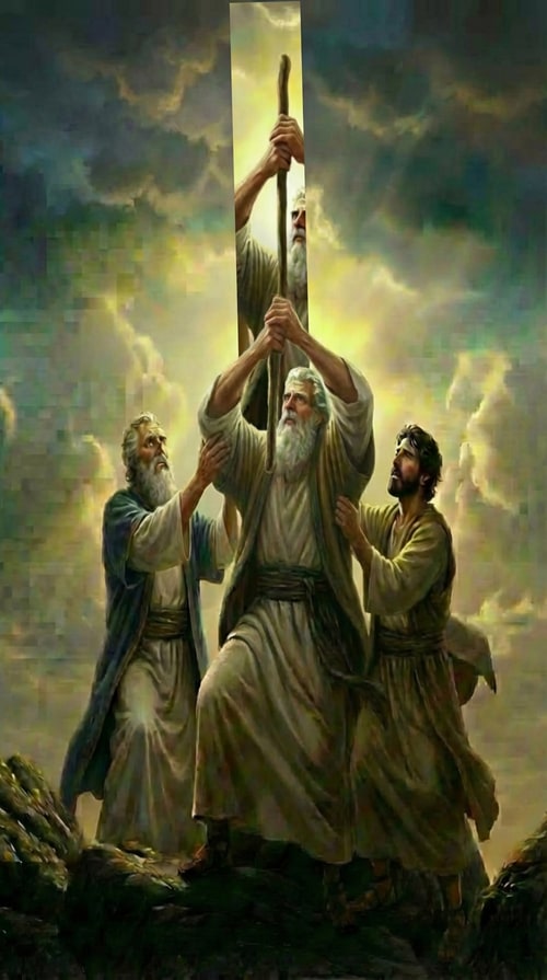 AI Design for Improve the overall quality of the image. Keep everything the same, but make the two men on each side hold Moses’ arms up from his elbows. Make sure Moses is holding the staff with both hands on the bottom part of the stick