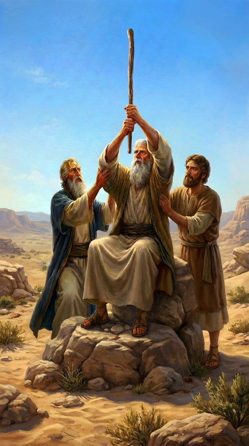 AI Design for Make an image that Moses sits on single natural stone with his stick vertical up, two hands holding the stick. and two mans supporting his arm from the elbows. with wilderness in the background