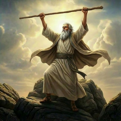 AI Design for make Moses holding the vertical staff with both two hands very high up