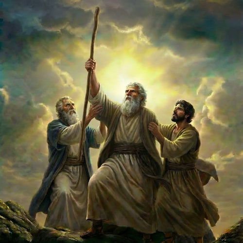 AI Design for lift the stic up, and make moses to hold it from the bottom part. the two mans on the sides should stay the exactly the same