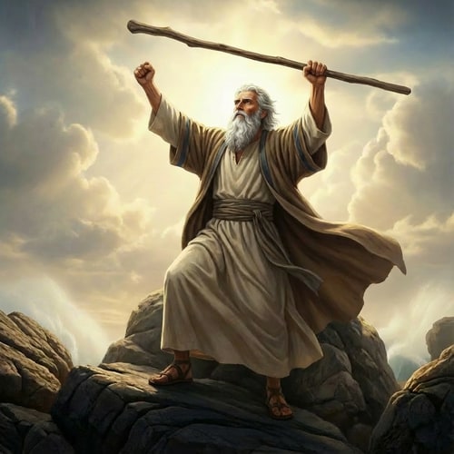 AI Design for make Moses lifting the staff high up with two hands