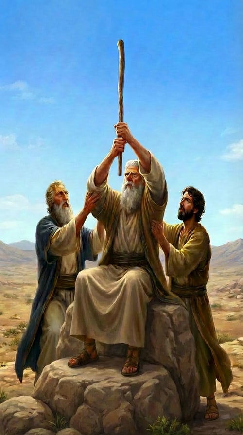 AI Design for Make an image that moses sits on single natural stone with his stick vertical up, two hands holding the stick. and two mans supporting his arm from the elbows. with wildernes in the bacground