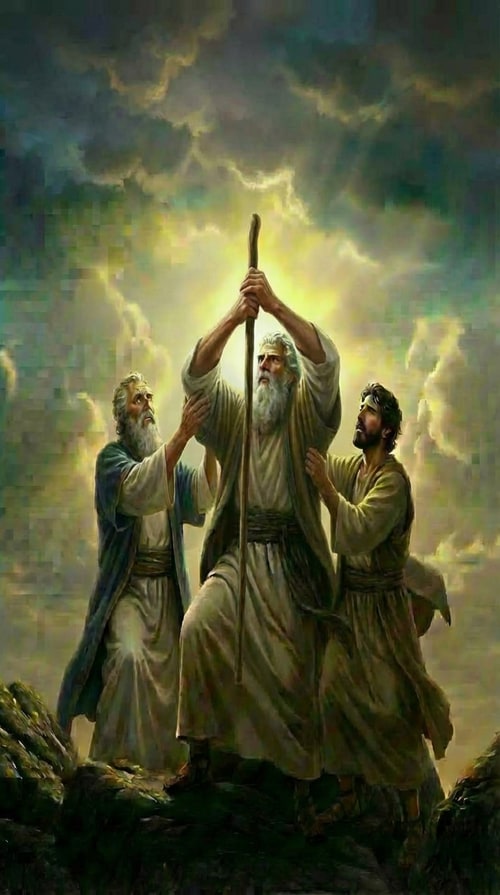 AI Design for Fix the staff in Moses’ hands so he is holding it higher. Make sure both of his hands are gripping the lower part of the staff, and ensure the two men on each side are supporting his elbows