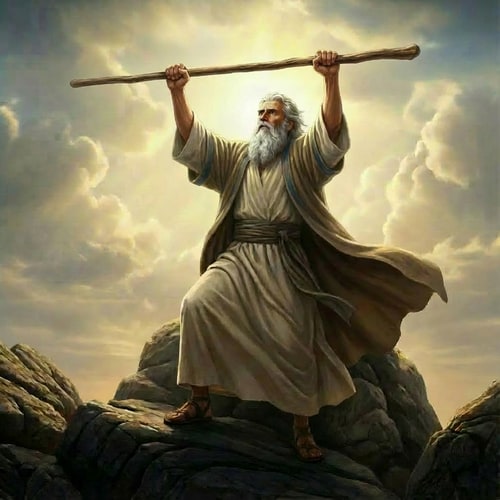 AI Design for make Moses holding the vertical staff with both two hands very high up