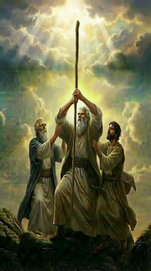 AI Design for Fix the staff in Moses’ hands so he is holding it higher. Make sure both of his hands are gripping the lower part of the staff, and ensure the two men on each side are supporting his elbows