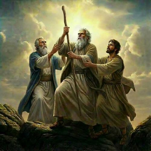 AI Design for make the man on the right hold Moses' hand as supporting it from belowpicture Moses holding the staff with both hands, vertically, no other changes