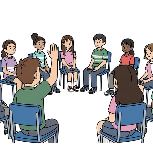 AI Design for clip art of student lifting his hand to speak, make students sitting on chairs in a circle without tables