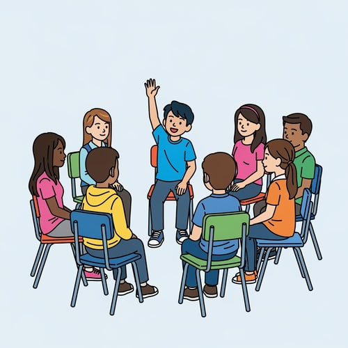 AI Design for clip art of student lifting his hand to speak, make students sitting on chairs in a circle without tables